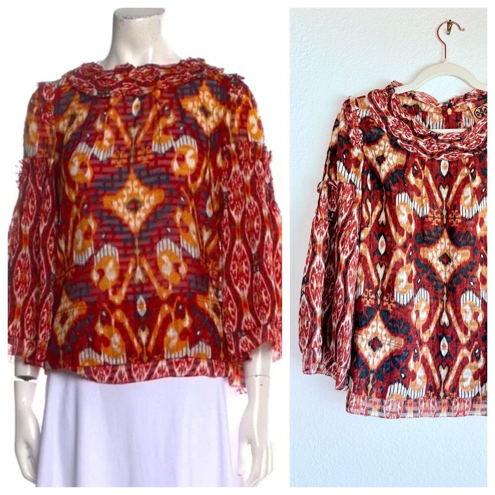 NWOT Tory Burch Aggie Ikat Silk Blend Ruffle Trim Blouse in Brick Red Size 4